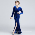 High Slit Long Sleeve Deep V-neck Satin Velvet Women Long Maxi Dress Formal Prom Dresses